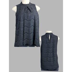 Fourteenth Place L Black Lined Lace High Neck Scalloped Hem Sleeveless Blouse